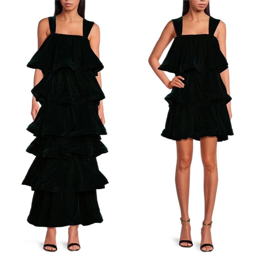 Buru Teagan Velvet Tiered Ruffle A-Line Convertible Mini to Maxi Flounce Dress - Picture 9 of 9